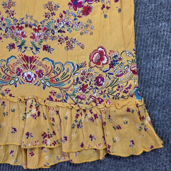 Boho Floral Sleeveless Top Womens Small Yellow Peasant Ruffle Festive Chic Tank - Picture 5 of 11